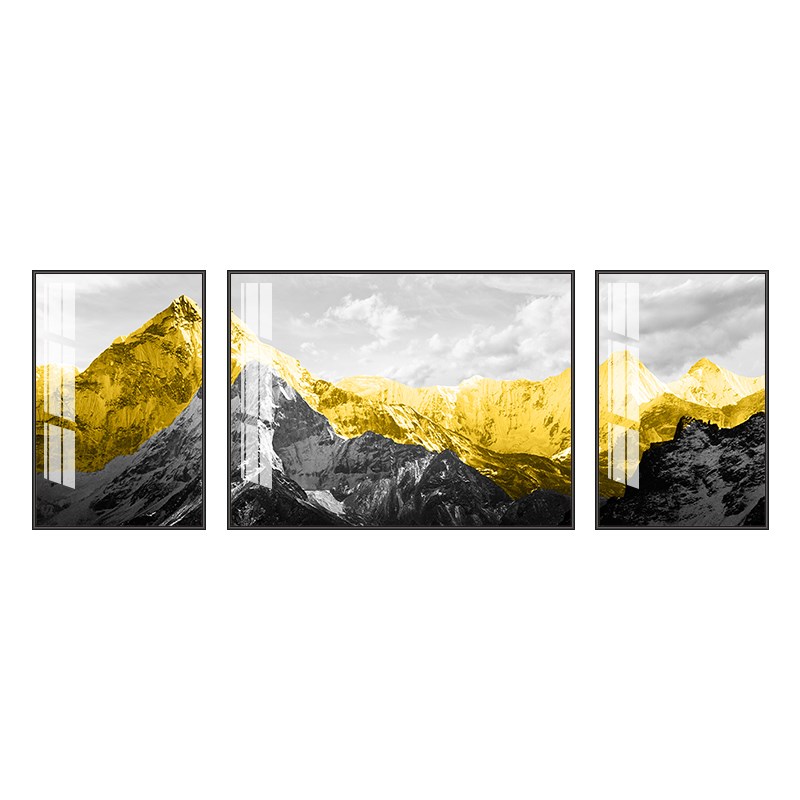 现代客厅大气三联画背有靠山装饰画简约金山挂画招X财风水晶瓷画