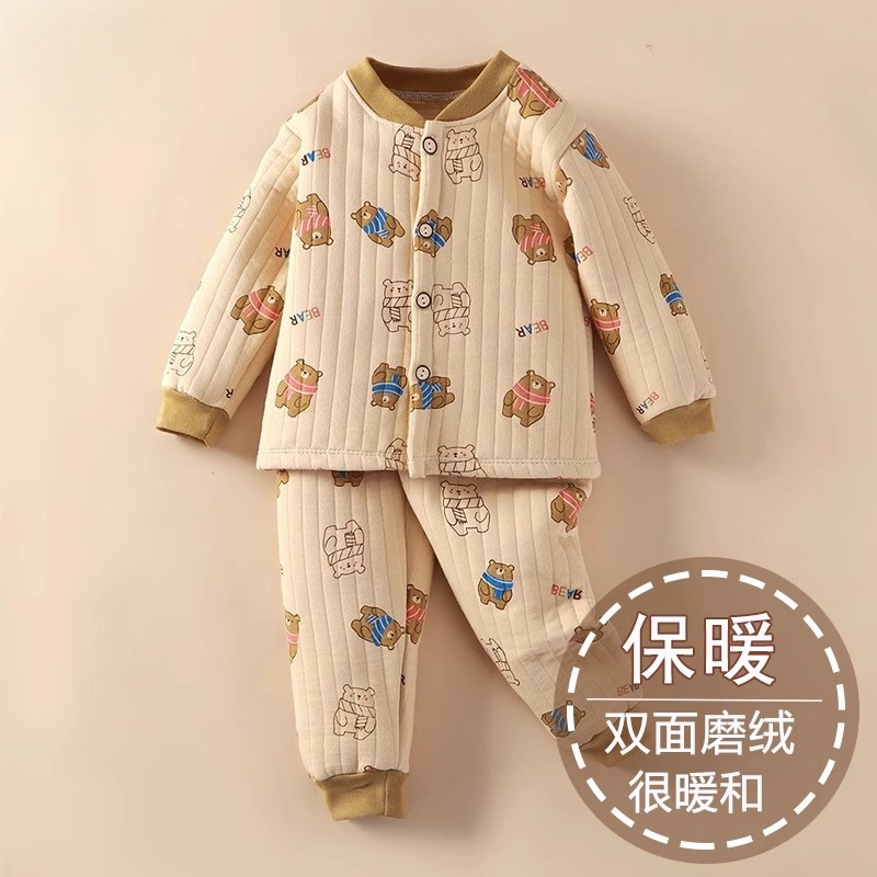 婴儿三层夹棉内衣套装儿童保暖加厚纯棉宝宝秋衣秋裤男童女童秋冬