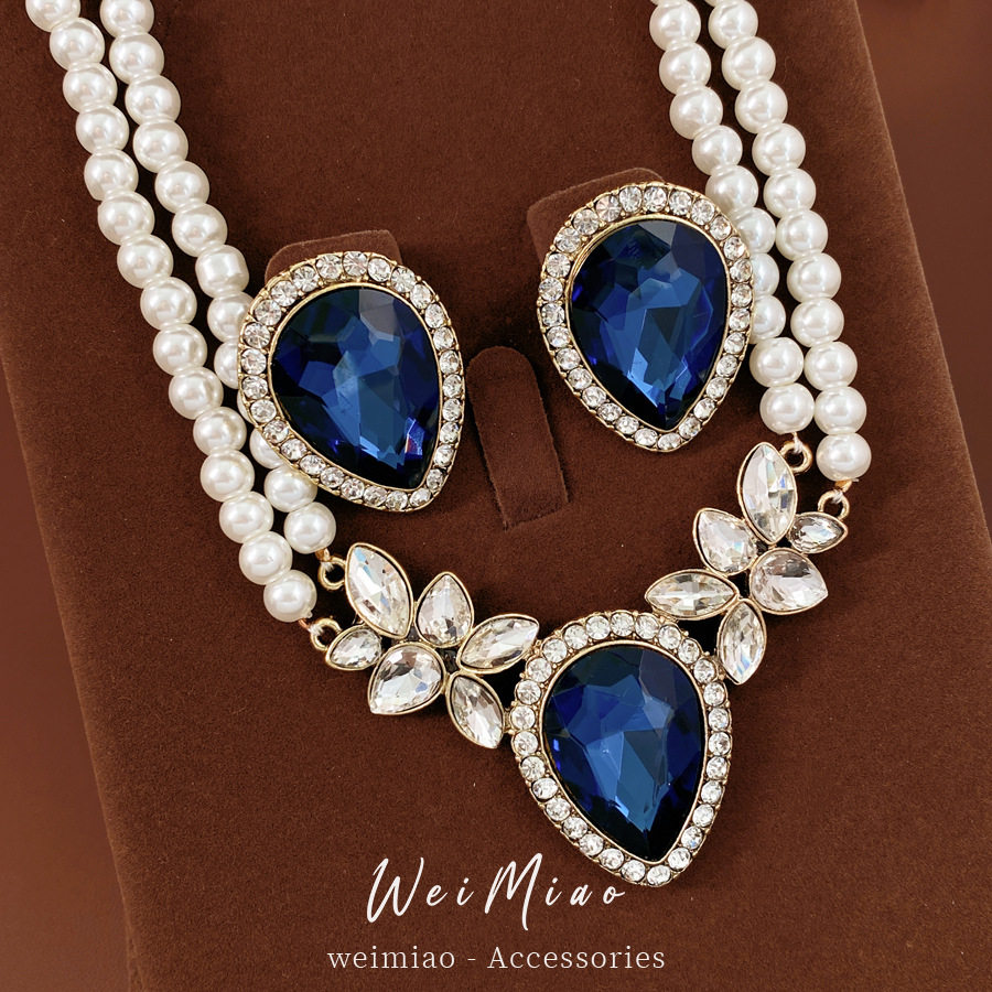 镶钻水滴珍珠耳钉项链中古vintage饰品轻奢锁骨链气质首饰套装,饰品/流行首饰/时尚饰品新,组合套装,淘宝优惠券,粉丝福利购,淘宝优惠卷