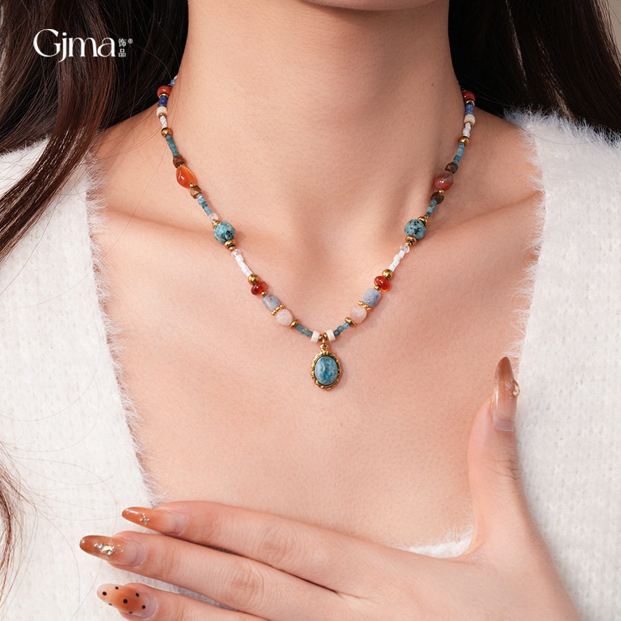 彩色石头椭圆形吊坠毛衣链民族风小众高级感锁骨链复古时尚项链女