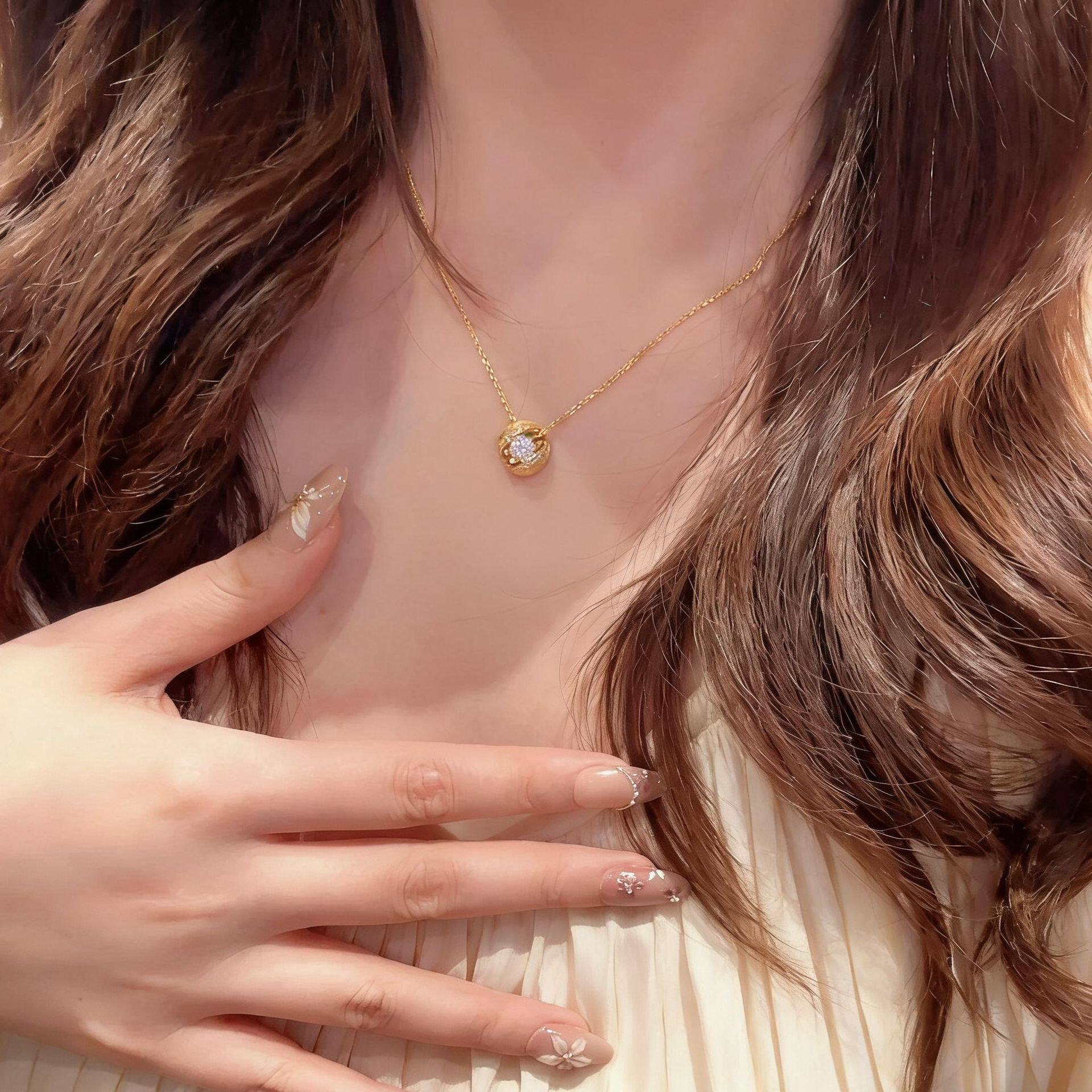 中古金色拉丝闪钻悬浮星球项链女高级显气质精致宫廷风锁骨链配饰