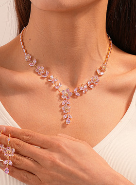 锆石花朵麦穗流苏项链耳环套装