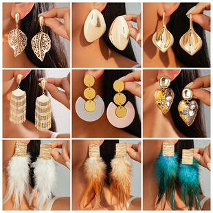 欧美跨境金属风树叶羽毛流苏耳环中古vintage耳钉轻奢高级感耳饰