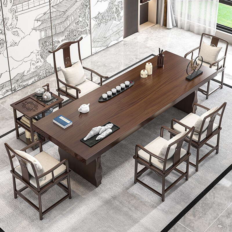 。大板实木茶桌新中式现代简约茶台办公室泡茶桌茶桌椅组合会客商