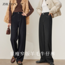 子 秋冬高腰小个子宽松加厚加绒深蓝色直筒裤 羊毛牛仔裤 女2025新款