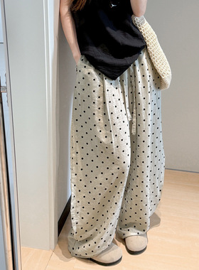 韩系慵懒风白色波点高腰阔腿裤女夏季薄款亚麻垂感宽松