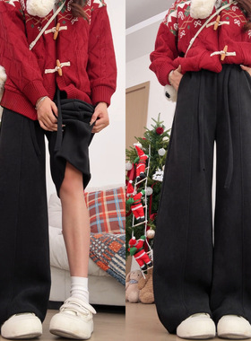 黑色加绒灯芯绒弯刀阔腿裤女冬季保暖小个子外穿休闲