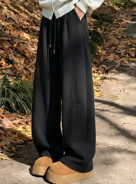 黑色加绒运动裤女秋冬季新款加厚保暖小个子弯刀香蕉裤