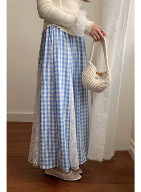 【OVVAN】蕾丝花边拼接蓝色格纹半身裙新款松紧腰显瘦长裙