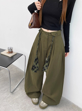 军绿色美式复古工装阔腿裤女春季2026新款高腰系带慵懒弯刀裤
