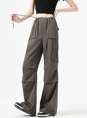 军绿色高腰阔腿工装裤女2026春季束脚运动裤