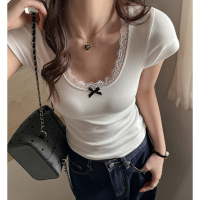 纯欲蕾丝花边蝴蝶结正肩短袖T恤女BM风显瘦小飞袖夏季外穿内搭
