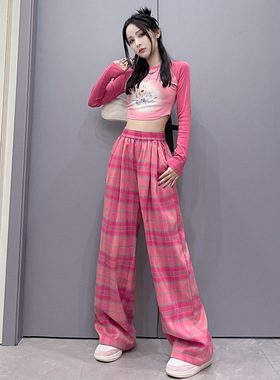 25年秋季新款多巴胺女高腰撞色格子阔腿裤 窄版垂感显瘦休闲长裤