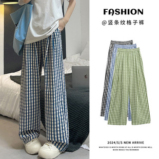 复古竖条纹阔腿裤女夏高腰宽松直筒休闲裤