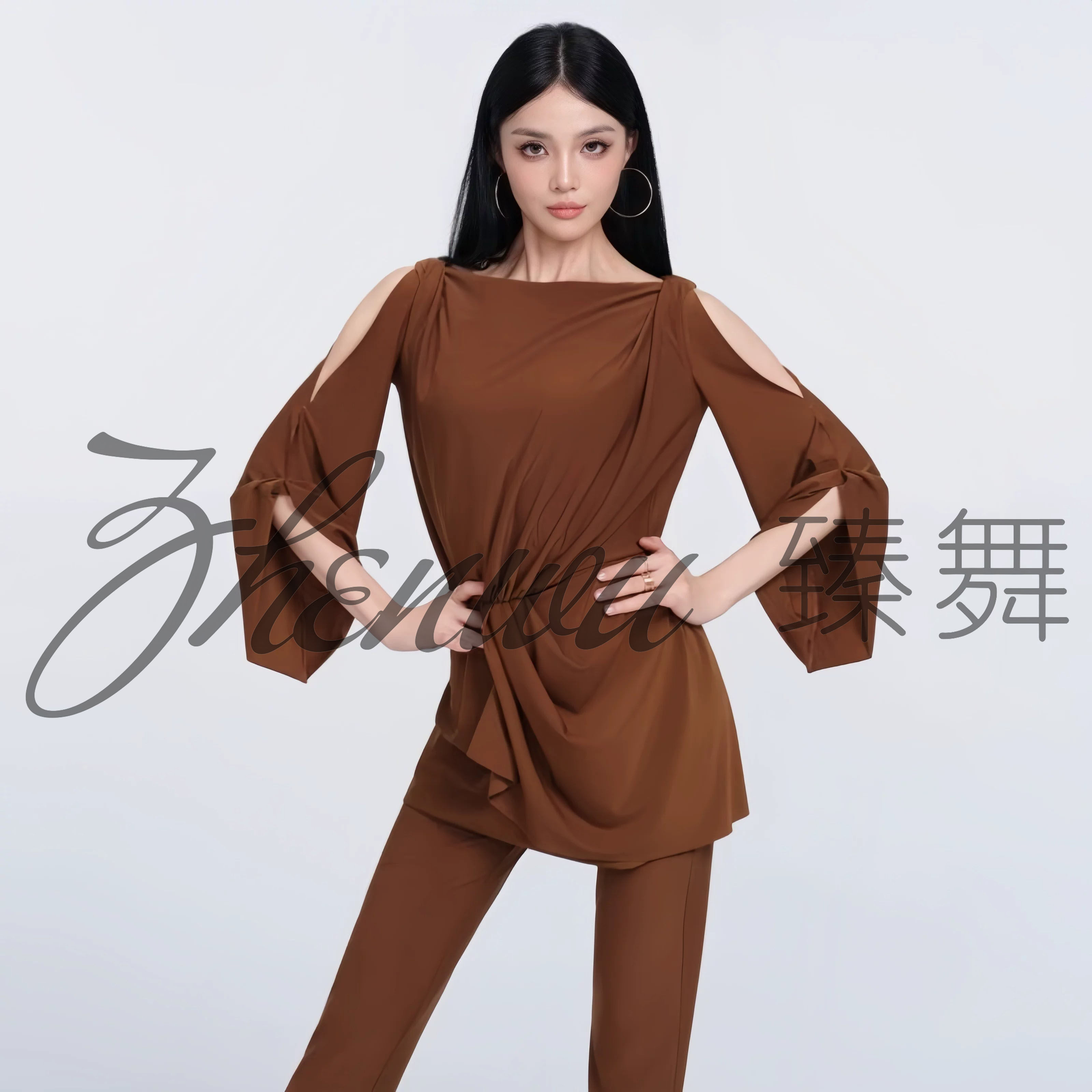 ZHENWU秋季新款拉丁舞服成人女露肩上衣束腰分体马蹄长裤练习套装