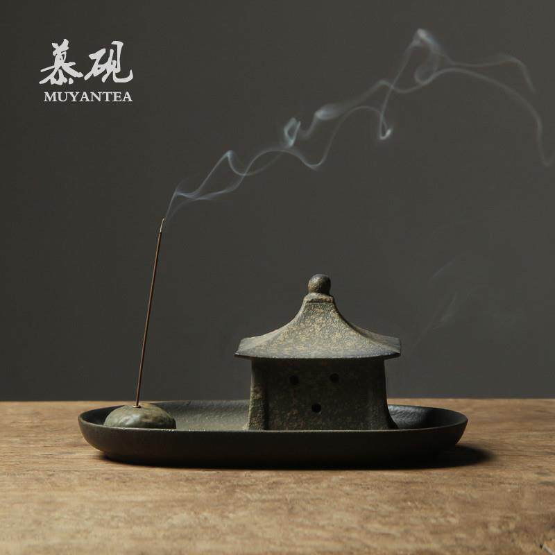 极速日式禅意香亭一驿粗陶香薰炉线香插环L香座家用檀香炉沉香薰