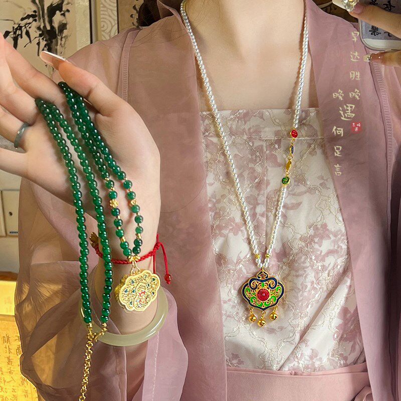 新品新中式珍珠长款项链夏天轻奢小众复古国风璎珞旗袍.汉服马面