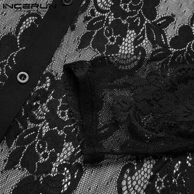 极速Men Mesfh Shirt Lace Lapel Long Sleeve  Transparent Setw