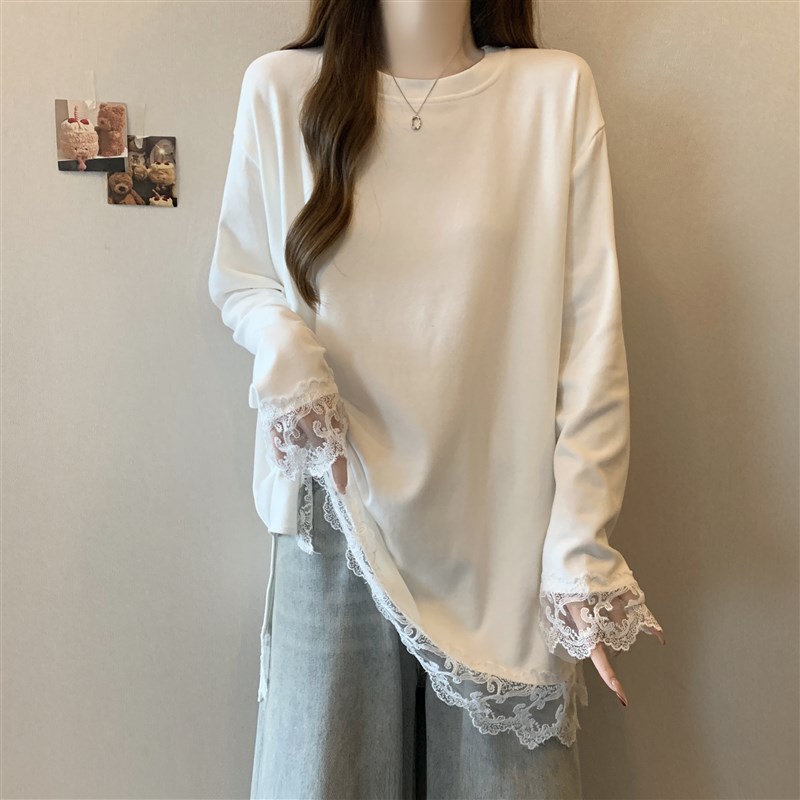 大码加绒加厚内搭遮屁股打t底衫女胖妹妹秋冬遮肚子蕾丝中长款上