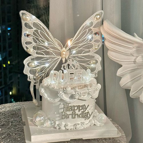 新品网红女神生日蛋糕装饰唯美刺绣带灯大蝴蝶摆件发X光灯串女王