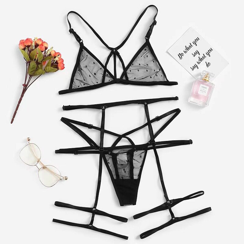 新品Sexy Mesh Womens Underwear Perspective StrZap Set