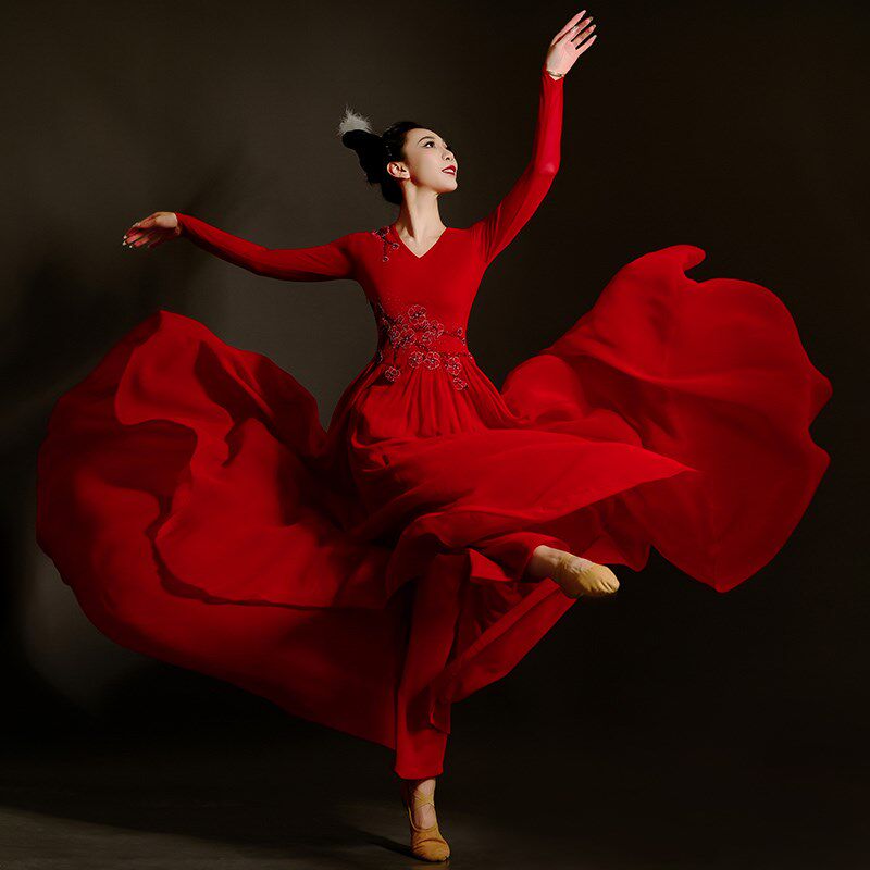 新品大气开场舞大摆裙女歌伴舞演出D服古典舞台连衣裙红歌现代舞
