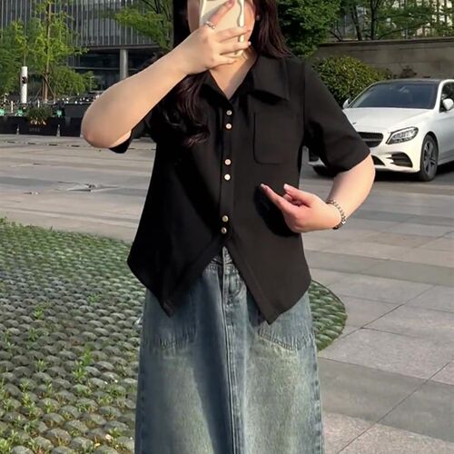 新品大尺码设计感黑色短袖T恤女夏季2E026新款胖mm宽松遮肉显瘦遮