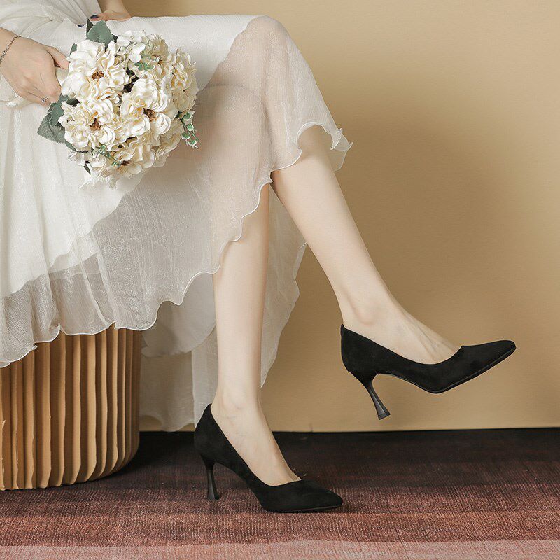 新品空乘学生礼仪绒面尖头细跟职业高跟鞋K女黑色工作中跟5cm面试