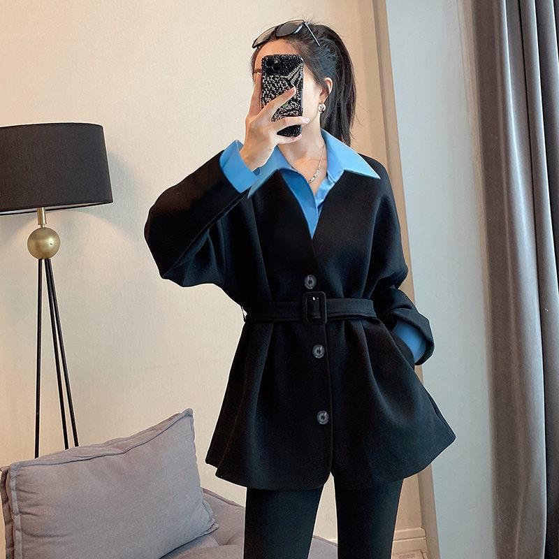 极速卓姿楠545秋冬新款收腰上衣假I两件拼接长袖中长版卫衣女