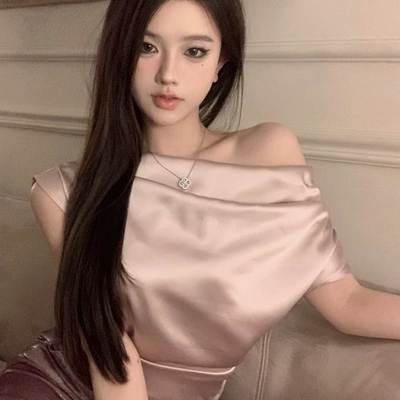 一字肩醋酸缎面衬衫女设计感小众夏季高级感法式气质辣妹斜肩上衣
