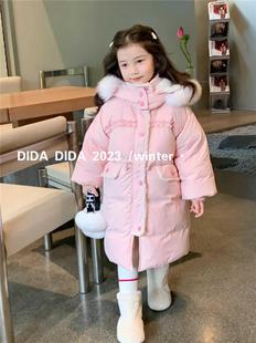 韩版儿童外套23冬季新款女童洋气纯色连帽加厚粉色中长款羽绒服