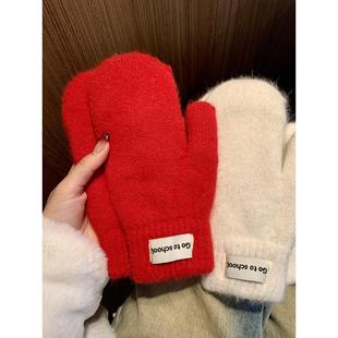 纯色连指针织毛线手套冬季 加绒保暖防风防寒学生骑行潮 女2025新款