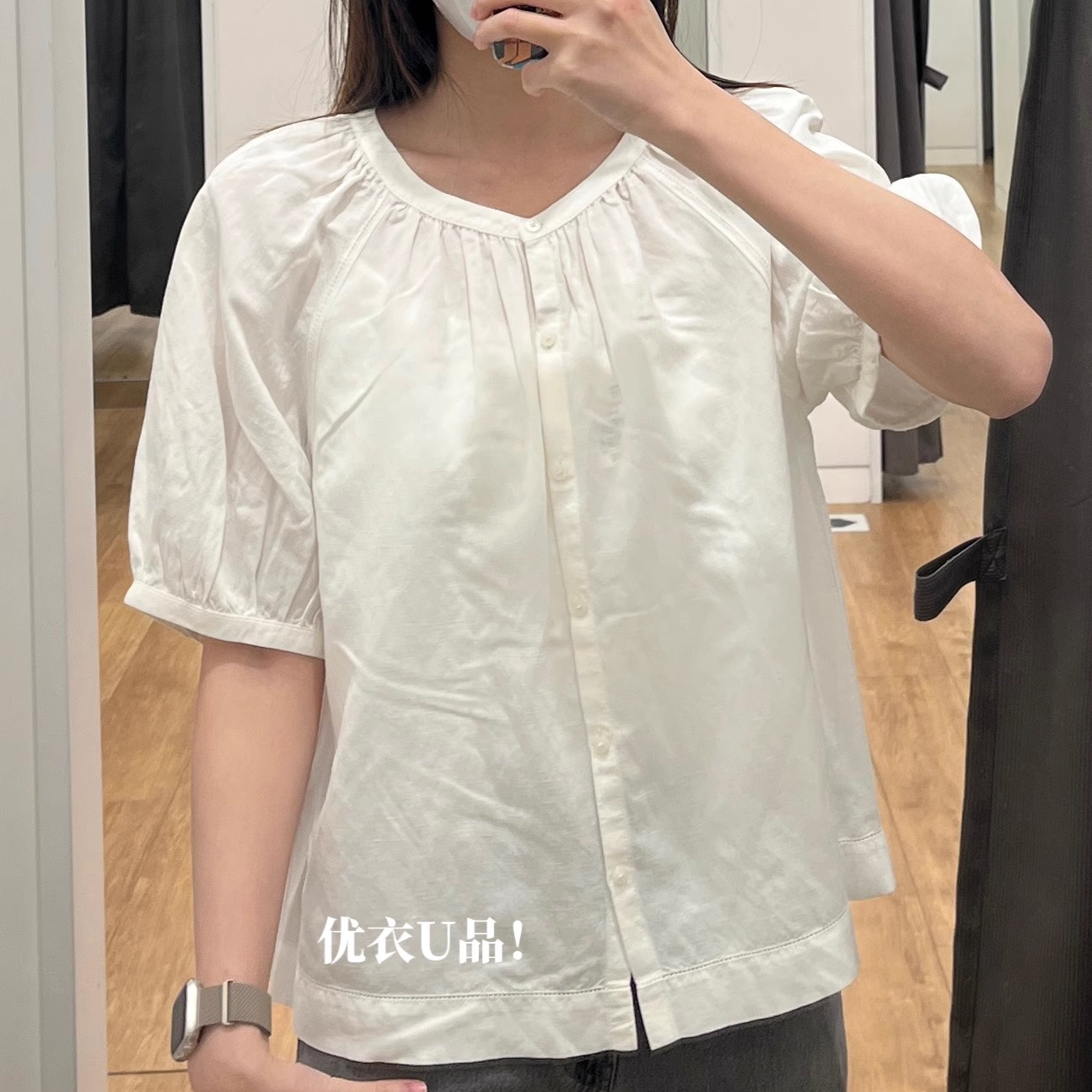 笑攸U麻混纺泡泡袖衬衫打褶衬衣