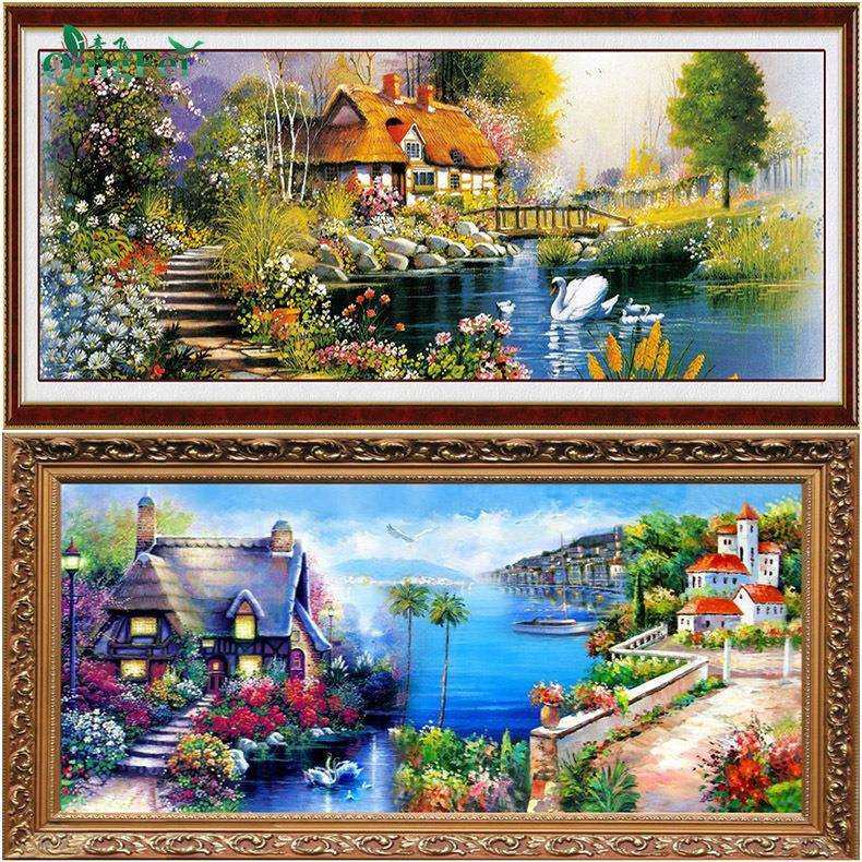 青飞精准地中海风景十字绣海边别墅花园小屋写意小居客厅丝线