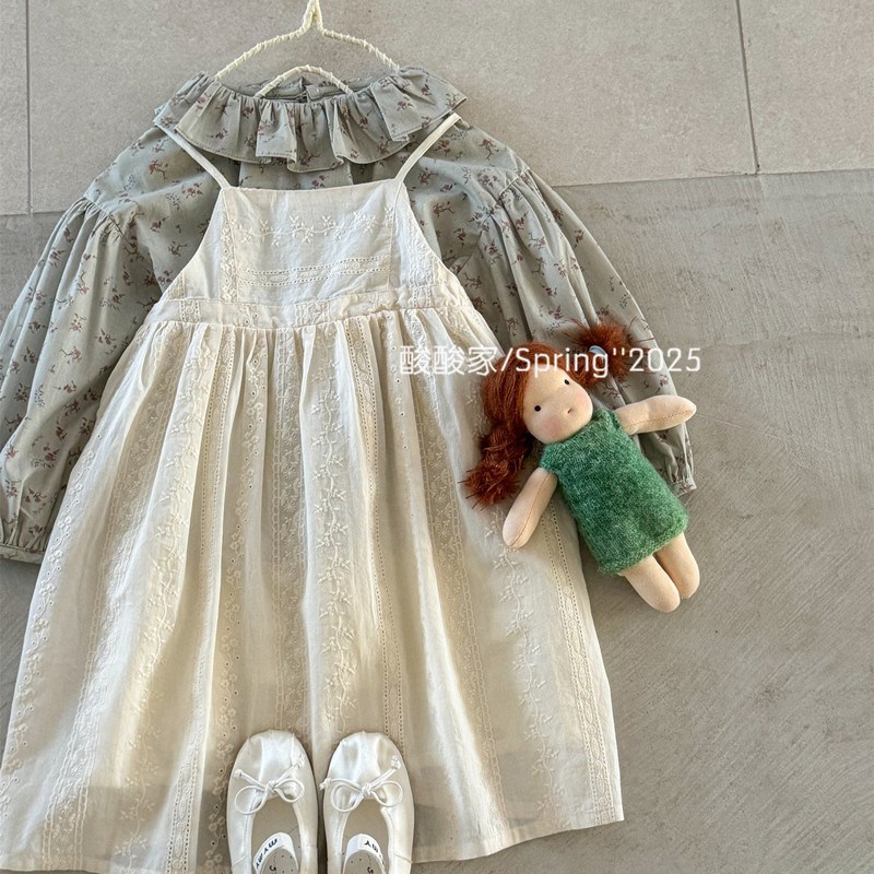女童柔软高级f纯色绣花吊带裙春季新品韩系女宝宝纯棉米色背心裙