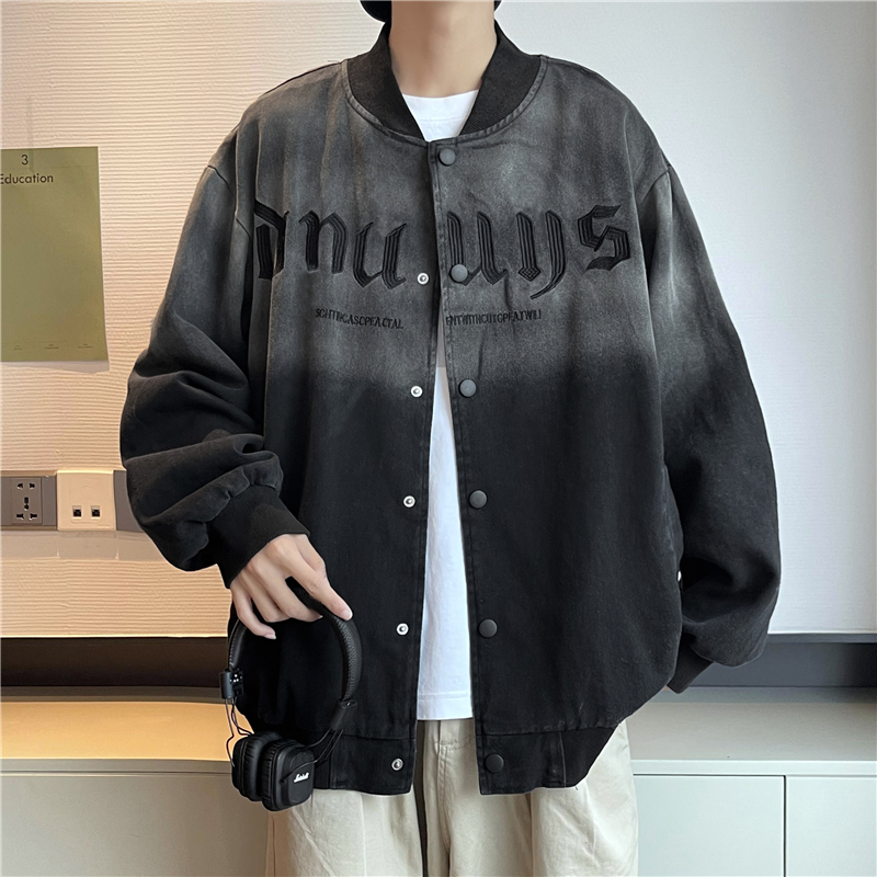 美式复古水洗做旧渐变棒球服x高街男潮外套春秋新款情侣百搭夹克
