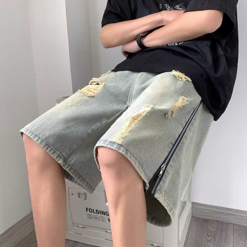 网红黄泥染破洞牛仔短裤男款侧拉链E夏季高街复古运动休闲五分裤
