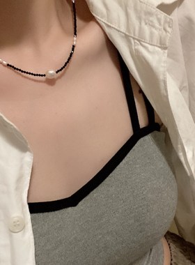 新品小众设计天然淡水珍珠黑色尖晶石项I链时髦气质黑色锁骨链百