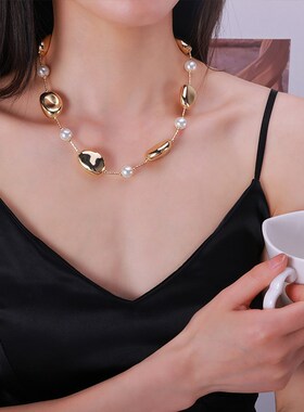日韩小众设计感不规则金属珍珠拼接项链个性男女锁骨X链颈链配饰