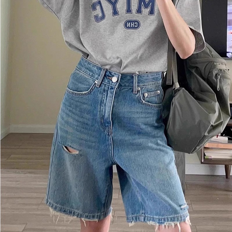 破洞牛仔短裤女夏季l薄款大码胖妹妹mm梨形身材高腰复古阔腿五分