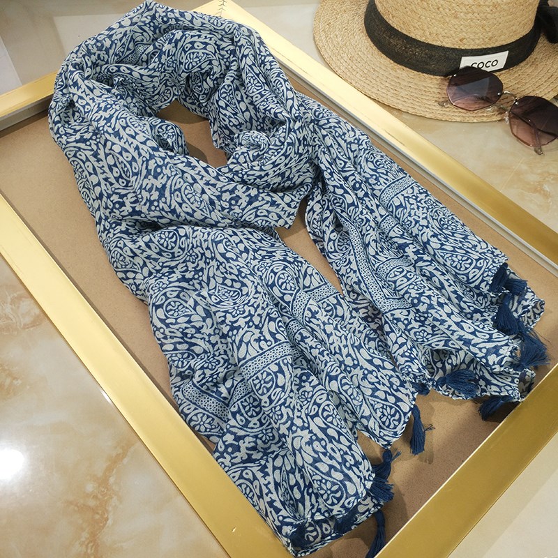 夏天新款棉麻围巾女薄款民族风旅游空调H披肩护颈纱巾防晒丝巾蓝