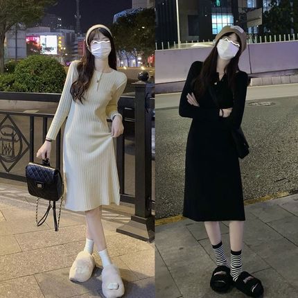 大衣内搭针织连衣裙女秋冬20y24年新款小个子中长款直筒打底毛衣