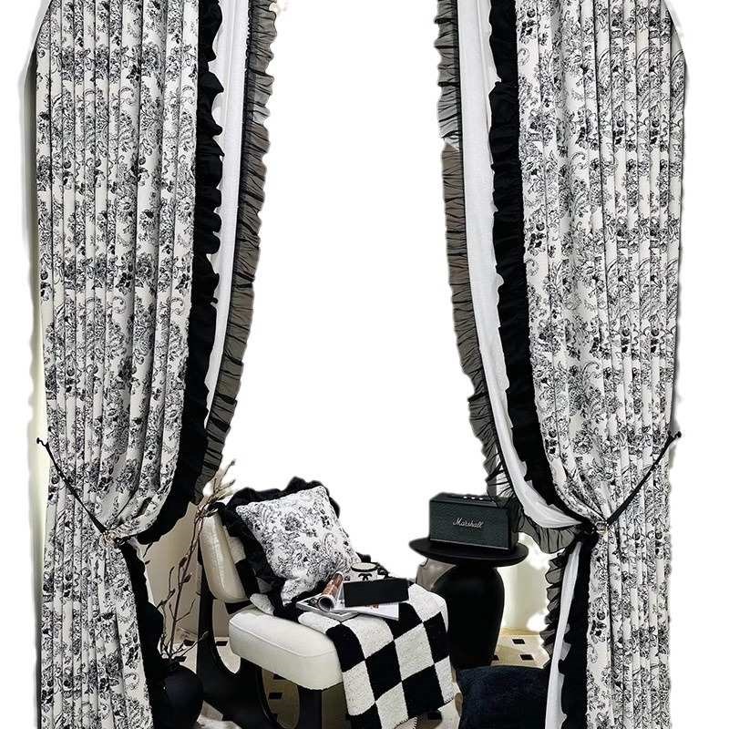 黑白窗帘法式覆古中古风窗x帘布料绍兴柯桥遮光雪尼尔窗帘工厂