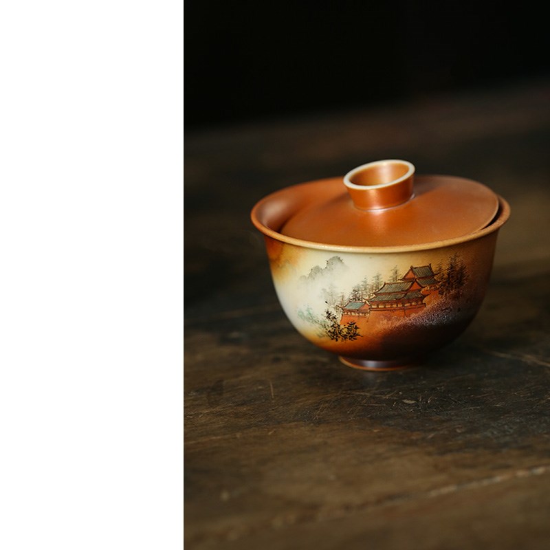 柴烧手绘意境盖碗复古功x夫茶具二才泡茶碗茶具140ml