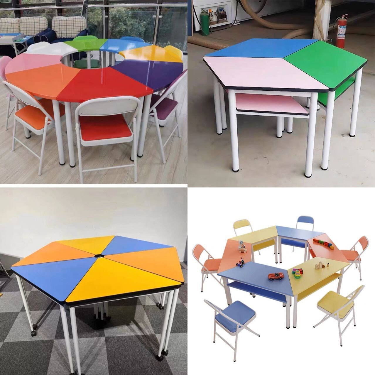 学生六边形组合桌钢架三角梯形美术培训创客智慧ai教室校园课桌椅