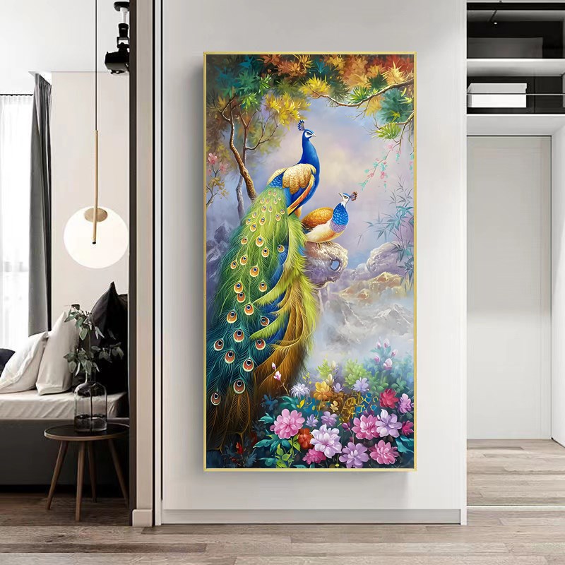 孔雀客厅入户玄关装饰画走廊过道墙壁挂画202P5年新款孔雀晶瓷壁图片