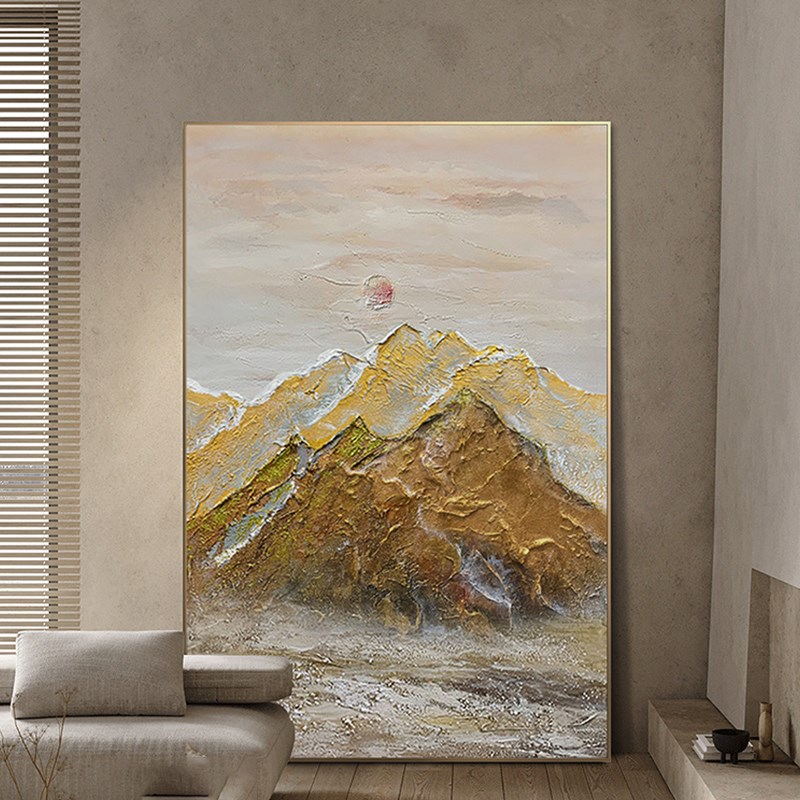 纯手绘油画日h照金山背有靠山风景装饰画客厅挂画玄关丙烯肌理画图片