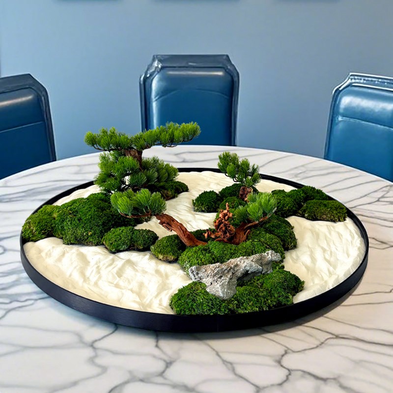 永生苔藓酒店大圆桌中间转盘摆件山石桌花微景观造景高档会所装饰