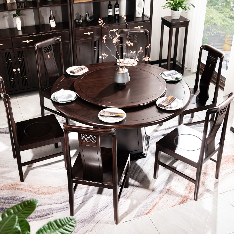 实木餐桌家用小户j型新中式圆餐桌带转盘10人餐桌椅子饭桌2025新