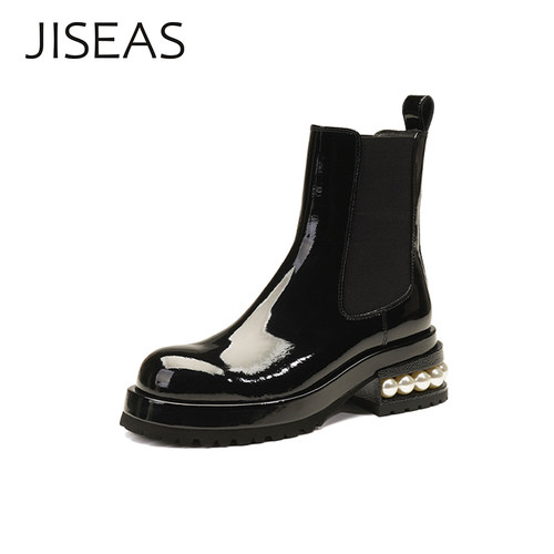 JISEAS珍珠粗跟真皮短筒切尔西靴